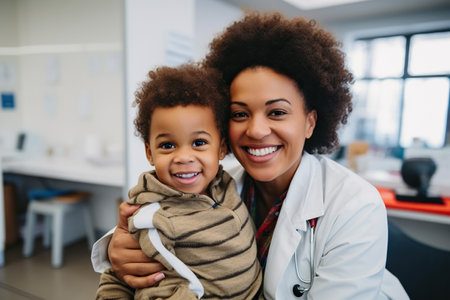 Smiling African American female doctor with boy patient in hospitalの素材