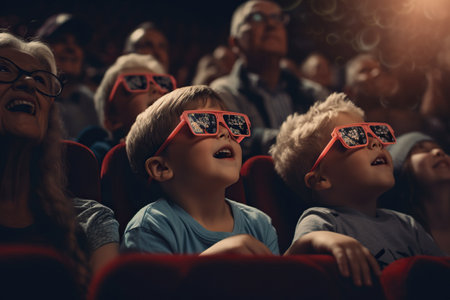 Grandparents and grandchildren watching a movie in cinemaの素材