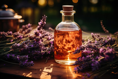 Essential Aromatic oil and lavender flowers, natural remedies, aromatherap.の素材