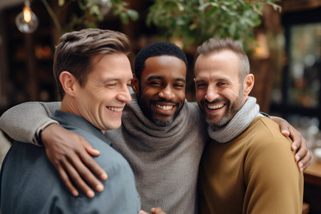 Supportive diverse male friends hugging each other at group therapy sessionの素材