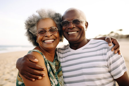 Happy african american senior woman embracing retired man from behind at beachの素材