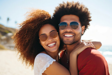 Happy African American couple hugging at beach on sunny dayの素材