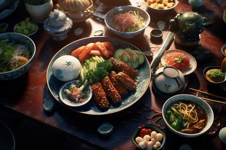 High angle delicious asian food with herbsの素材