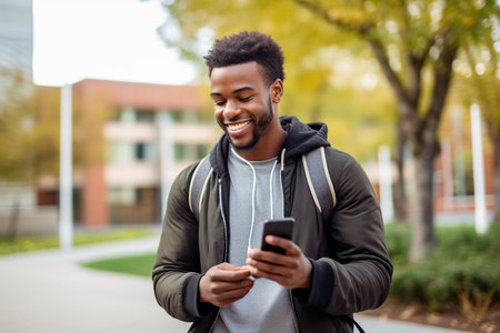 Smiling African American girl walking in university park using mobile phone shopping online or texting messagesの素材
