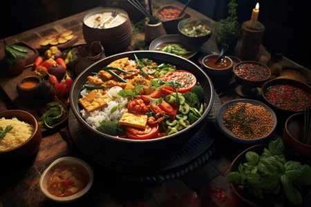 High angle delicious asian food with herbsの素材