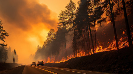 Photo of high way with forest in fireの素材