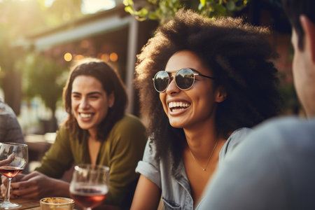 Millennial friends enjoying a fun-filled social gathering at an outdoor restaurantの素材