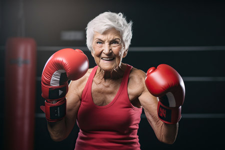 Senior woman exhibiting strength and resilience as a boxerの素材