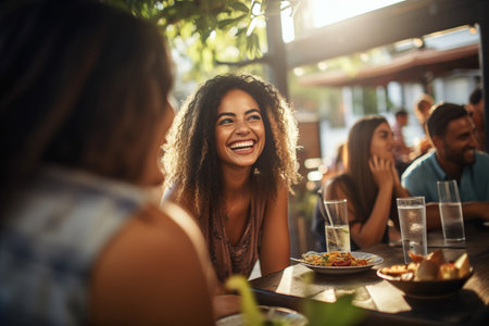 Millennial friends enjoying a fun-filled social gathering at an outdoor restaurantの素材