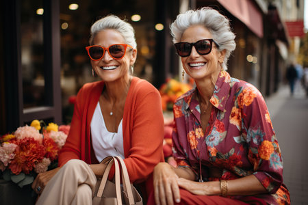 Two satisfied mature female friends with paper shopping bags outdoorsの素材