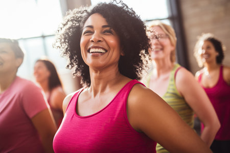 Middle-aged women enjoying a joyful dance class, candidly expressing their active lifestyle through Zumba with friendsの素材