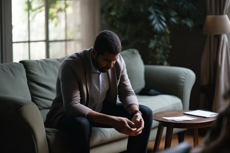 Sad Latin guy get psychological support of counselor therapistの素材