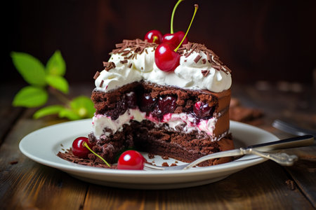 sideview of chocolate cake with whipped cream and cherries on the tableの素材