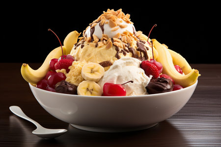a bowl of banana split ice cream with a banana split and bananas on topの素材
