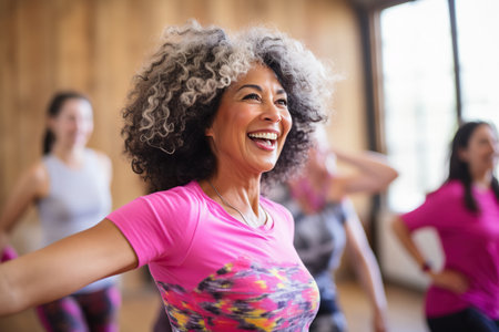 Middle-aged women enjoying a joyful dance class, candidly expressing their active lifestyle through Zumba with friendsの素材