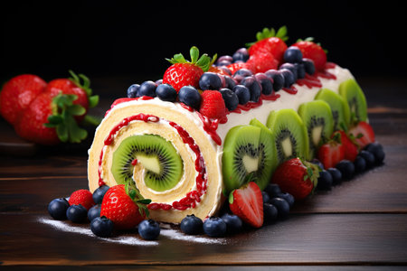 Photo strawberry blueberry kiwi and strawberry roll cakeの素材