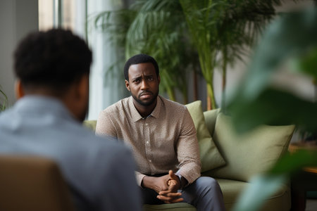 Sad African American guy get psychological support of counselor therapistの素材