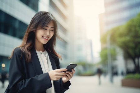 Young busy happy Asian business woman office professional holding cellphone in hands walking on cityの素材