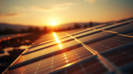 Solar panels on sunshine backgroundの素材