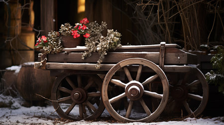 Snowflakes adorning the forgotten wheel of a garden cartの素材