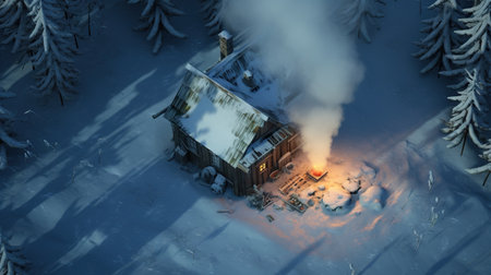 Snow-covered cabin with chimney smoke, in the style of rustic serenityの素材