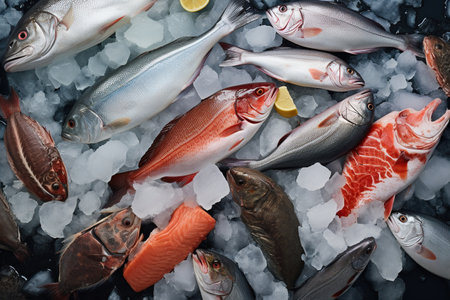 top view of variety of fresh fish and seafood on iceの素材