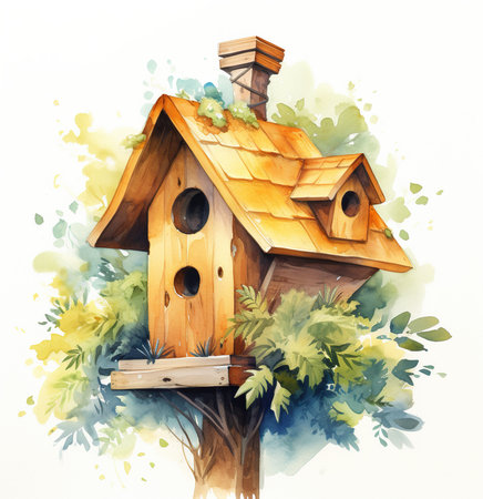 Watercolor birdhouse illustration on white backgroundの素材