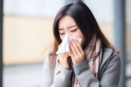 Young Asian woman with the flu blowing here nose using a tissueの素材