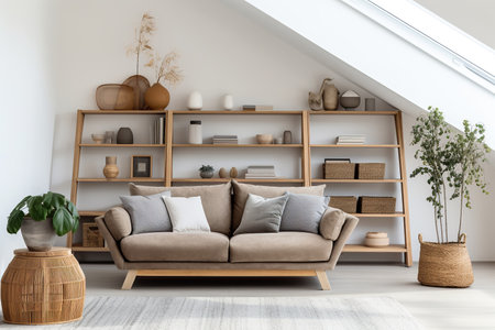 Wooden shelving unit on white wall behind cozy sofa. Scandinavian interior design of modern stylish living roomの素材