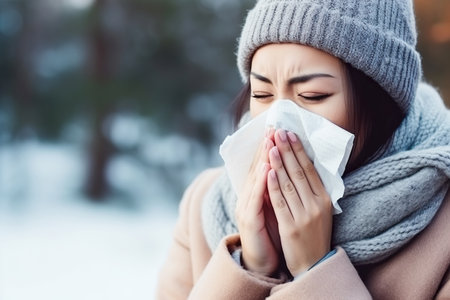 Young Asian woman with the flu blowing here nose using a tissueの素材