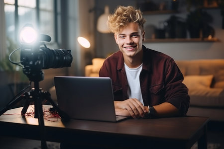 Young male influencer recording a candid video for social mediaの素材