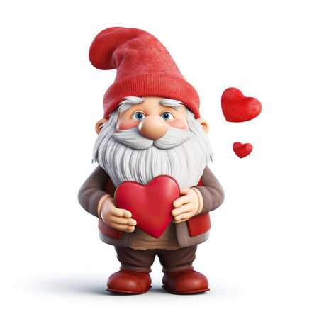 valentines day gnome holding red love heart on white backgroundの素材