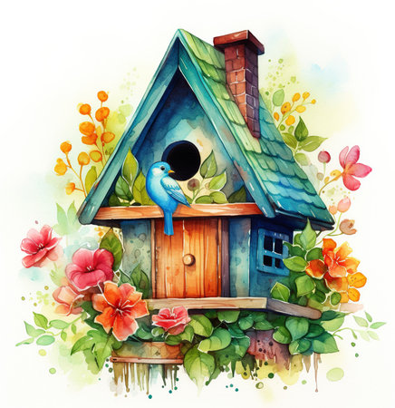 Watercolor birdhouse illustration on white backgroundの素材