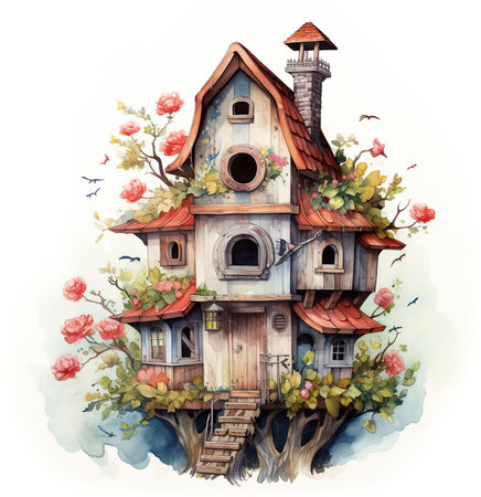 Watercolor birdhouse illustration on white backgroundの素材