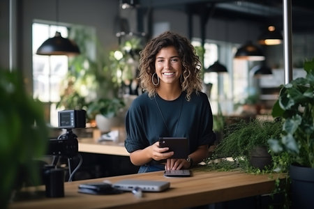 Young male influencer recording a candid video for social mediaの素材