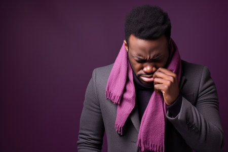 Young African American man with the flu blowing his noseの素材