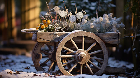 Snowflakes adorning the forgotten wheel of a garden cartの素材