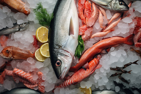 top view of variety of fresh fish and seafood on iceの素材