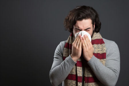 Young Latin man with the flu blowing his nose using a tissueの素材