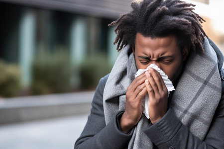 Young African American man with the flu blowing his noseの素材