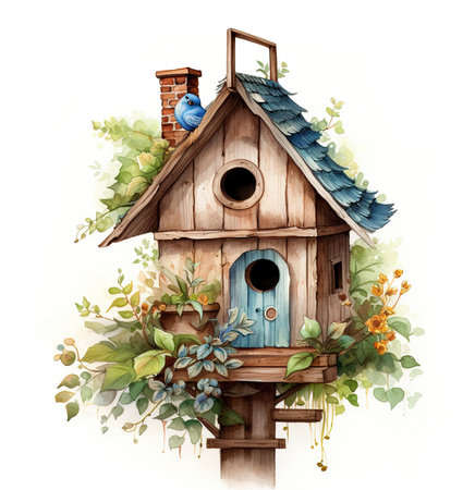Watercolor birdhouse illustration on white backgroundの素材