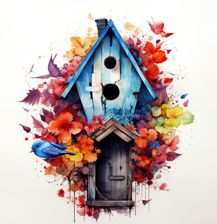 Watercolor birdhouse illustration on white backgroundの素材