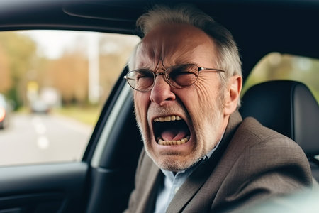 Close up, elderly man gets angry while driving his car in trafficの素材