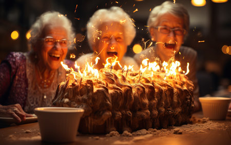 three Happy Senior women, friends and candles on birthday cake for a celebrationの素材