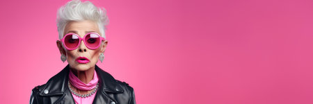 An old woman as a supermodel with much makeup in futuristic fashion clothes on pink background.の素材