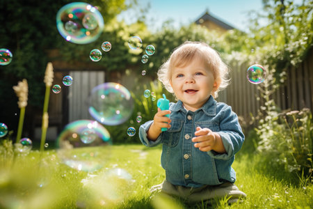 Beautiful little child toddler boy having fun with blowing soap bubble blower.の素材