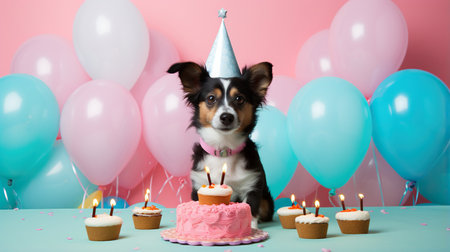 a dog celebrating in a cake hat, with balloons and cake, on a pink backgroundの素材