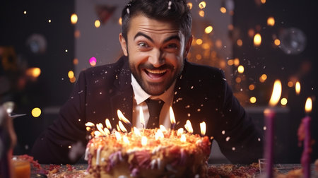 happy and smiling businessman boss with joyful crazy look celebrates his birthday in modern officeの素材