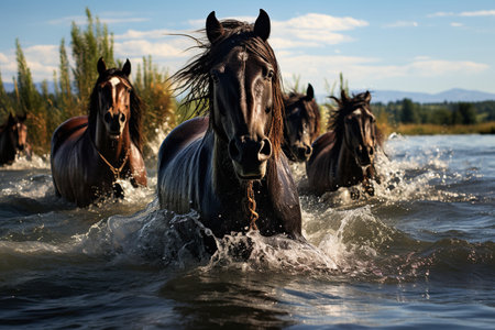 close up digital photo of Wild horses in the riverの素材