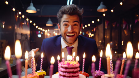 happy and smiling businessman boss with joyful crazy look celebrates his birthday in modern officeの素材